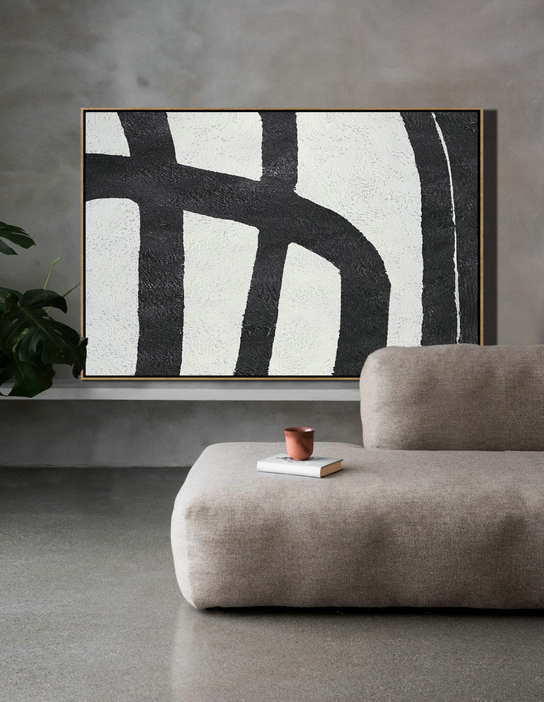 Modern Paintings On Canvas,Hand Painted Oversized Horizontal Minimal Art On Canvas, Black And White Minimalist Painting - Size Extra Large Abstract Art